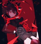  1girl absurdres ahoge black_shirt black_skirt blush collared_shirt commentary drill_hair evil_grin evil_smile garter_straps grin hair_between_eyes hand_on_own_hip highres kasane_teto looking_at_viewer pleated_skirt red_eyes red_hair sharp_teeth shirt signature skirt smile solo sushispin teeth thighs twin_drills utau 