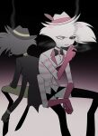  2boys absurdres angel_dust arackniss back-to-back between_legs black_background black_bow black_bowtie black_choker black_coat black_fur black_hat black_sclera black_skirt black_thighhighs bow bowtie brooch brothers choker cigarette clenched_teeth coat colored_sclera commentary_request crossdressing crossdressing_(mtf) elbow_gloves extra_arms facial_mark fedora feet_out_of_frame fewer_digits film_grain flat_color full_body furry furry_male gloves gradient_background grey_background hand_between_legs hand_up hat hat_feather hazbin_hotel hellaverse highres holding holding_cigarette invisible_chair jewelry lapels looking_down male_focus menma_(enaic31) microskirt mismatched_sclera multiple_boys notched_lapels own_hands_together pants pencil_skirt pink_background pink_eyes pink_gloves pink_hat pink_shirt shirt siblings signature simple_background sitting skirt smoke smoking solo_focus striped_clothes striped_shirt teeth thighhighs traditional_bowtie two-tone_shirt v-shaped_eyebrows white_fur white_pants white_shirt zettai_ryouiki 