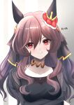  1girl absurdres animal_ears black_dress blush breasts brown_hair closed_mouth collarbone commentary_request dress ear_covers ear_ornament gentildonna_(umamusume) gold_collar hair_between_eyes hair_ornament heart-shaped_ornament heart_ear_ornament highres horse_ears horse_girl kamisori_maguro large_breasts long_hair long_sleeves looking_at_viewer official_alternate_costume official_alternate_hairstyle red_eyes see-through_clothes see-through_sleeves simple_background smile solo umamusume upper_body 