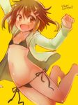  alternate_costume bikini brown_eyes commentary dated fang hair_ornament hairclip ikazuchi_(kantai_collection) jumping kantai_collection long_sleeves looking_at_viewer micro_bikini midair open_mouth short_hair side-tie_bikini signature solo swimsuit yellow_background yumi_yumi 