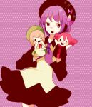  3girls bad_id bad_pixiv_id beret character_puppet hand_puppet hat kasane_teto kasane_teto_(utau) maco22 momone_momo multiple_girls puppet purple_background purple_eyes purple_hair utane_uta utau 