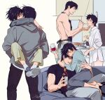  1boy 1girl apron black_apron black_hair blush bottle collared_shirt commentary_request cooking couple cup feeding fushiguro_toji holding holding_bottle holding_cup hood hoodie husband_and_wife jewelry jujutsu_kaisen juneseo kiss megumi's_mother_(jujutsu_kaisen) multiple_views ring scar scar_on_face shirt short_hair white_shirt 