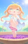  1girl absurdres antenna_hair apple_tree armpit_crease backless_dress backless_outfit barefoot blue_sky blush_stickers breasts carrot_hair_ornament chibi chibi_only cloud commentary_request dress english_commentary feet fewer_digits food-themed_hair_ornament foot_focus frilled_thigh_strap grape_juice grape_stomping hair_ornament heart heart-shaped_pupils highres holding_own_dress humano juice korean_commentary kyarot_(trickcal) ladder mixed-language_commentary orange_hair orchard outdoors sideboob sky small_breasts soles solo sundress sweat symbol-shaped_pupils thigh_strap toes tree trickcal vat water_pump white_dress 