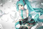  aqua_eyes aqua_hair bird copyright_name detached_sleeves dove feathers hatsune_miku ling_(vivianling) long_hair necktie skirt solo thighhighs twintails very_long_hair vocaloid 