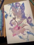  2girls animal_print art_tools_in_frame belt black_hair breasts bug butterfly butterfly_hair_ornament butterfly_print butterfly_print_haori butterfly_wings closed_eyes colored_pencil_(medium) commentary_request demon_slayer_uniform floating flower hair_ornament haori highres insect_wings japanese_clothes kimetsu_no_yaiba kochou_shinobu kuangonpq long_sleeves midair morning_glory multiple_girls parted_bangs photo_(medium) pink_liquid print_haori purple_flower short_hair silhouette small_breasts solo_focus traditional_media white_background white_belt wings 