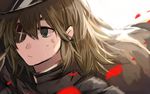  ashiwara_yuu brown_hair cape dirty eyepatch green_eyes hat kantai_collection kiso_(kantai_collection) petals remodel_(kantai_collection) short_hair solo 