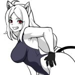  animal_ears black_gloves cerberus_(helltaker) demon_girl demon_tail dog_ears fujita_yoshinobu_(ksk_oda) gloves hand_on_own_hip helltaker highres leaning_forward long_hair looking_at_viewer one-piece_swimsuit parted_lips red_eyes sharp_teeth simple_background swimsuit tail teeth upper_body white_background white_hair 