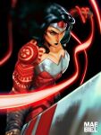  1girl absolute_dc absolute_wonder_woman amazon_warrior arm_wrap bandaged_arm bandages bare_shoulders black_background black_hair black_lips blue_eyes blurry breasts cleavage dc_comics energy gauntlets greatsword hair_over_shoulder highres holding holding_sword holding_weapon large_breasts lasso lasso_of_truth leotard lifting_object lipstick long_hair maebiel makeup muscular muscular_female red_tattoo serious shoulder_tattoo sidelocks silver_tiara solo superhero_costume sword tattoo tattoo_sleeve tiara weapon wonder_woman wonder_woman_(absolute_dc) wonder_woman_(series) 