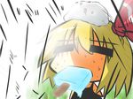  =_= blonde_hair chibi commentary_request eating food goma_(gomasamune) hair_ribbon hot kedama melting mouth_hold popsicle ribbon rumia short_hair solo sweat touhou 