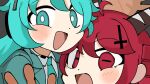  2girls :d ahoge akuma_(tententengokujigokugoku) akuma_(tententengokujigokugoku)_(cosplay) alternate_costume aqua_eyes aqua_hair aqua_necktie bright_pupils close-up commentary_request cosplay dot_nose drill_hair hair_ornament hatsune_miku horizontal_pupils kasane_teto looking_at_viewer multiple_girls necktie open_mouth red_eyes red_hair smile takaoka_mizuki tenshi_(tententengokujigokugoku) tenshi_(tententengokujigokugoku)_(cosplay) tententengokujigokugoku_(aiobahn) utau vocaloid white_pupils 