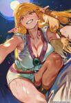  ai-generated blonde_hair breast_press breasts crema_(cremasane) dress elf gem green_gem hair_between_eyes half-closed_eyes highres huge_breasts jewelry long_hair looking_at_viewer pointy_ears serie_(sousou_no_frieren) sousou_no_frieren steaming_body sweat thick_thighs thighs white_dress wide_hips yellow_eyes 