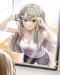  1girl :t armpits arms_up bare_arms bare_shoulders black_shorts blonde_hair blurry breasts cleavage closed_mouth collarbone commentary cowboy_shot cutting_hair dolphin_shorts eueueuak-ak green_eyes grey_hair hair_ornament hairclip highres holding holding_scissors indoors korean_commentary leaning_forward long_hair looking_at_mirror medium_breasts mirror pout reflection scissors shirt short_shorts shorts sleeveless sleeveless_shirt solo sparkle standing sweat sweatdrop tank_top very_long_hair viichan virtual_youtuber waktaverse white_shirt white_tank_top 