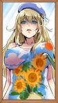  alternate_costume art_brush atago_(kantai_collection) blonde_hair blush bodypaint breasts commentary fine_art_parody flower green_eyes hat kantai_collection large_breasts long_hair looking_at_viewer mirror nonco paintbrush painting painting_(object) parody solo sunflower 