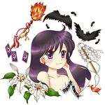  1girl bird bishoujo_senshi_sailor_moon black_hair blush bust card chibi collarbone crow earrings feathers fire flower hino_rei jewelry lily_(flower) long_hair melamine necklace ofuda purple_eyes shide smile solo staff tarot topless upper_body 