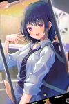  1girl backpack bag black_hair blush breasts commentary_request ear_ornament highres koshimizu_toru light_blush medium_breasts mihaeru necktie nijisanji open_mouth purple_eyes purple_hair school_uniform shirt short_hair solo solo_focus sunset taking_picture train_station v white_shirt 
