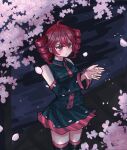  1girl ahoge bare_shoulders black_collar black_shirt black_skirt black_sleeves black_thighhighs blush breast_pocket buttons cherry_blossoms closed_mouth collar commentary detached_sleeves dot_mouth dot_nose drill_hair eyelashes hair_between_eyes highres holding holding_petal ka_no_11 kasane_teto kasane_teto_(utau) night open_hands petals pocket red_eyes red_hair shirt skirt sleeveless sleeveless_shirt solo thighhighs thighs twin_drills untranslatable_commentary utau wing_collar wrinkled_fabric zettai_ryouiki 