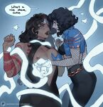  2girls absolute_dc absolute_wonder_woman ahageao49 amazon_warrior back_spikes black_dress black_hair blue_eyes blue_gloves blush breasts chain_belt curly_hair dc_comics dress fishnet_leotard fishnet_top fishnets gloves glowing_hands grabbing_another's_breast groping high-waist_pants highres leotard long_hair multiple_girls muscular muscular_female nipples open_mouth pants red_tattoo shoulder_spikes sleeveless sleeveless_dress smile spell spiked_jacket spikes tattoo tattoo_sleeve wonder_woman wonder_woman_(absolute_dc) wonder_woman_(series) yuri zatanna_zatara zatanna_zatara_(absolute_dc) 