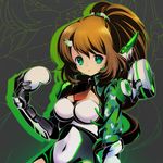  black_gloves breasts brown_hair choker cleavage covered_navel divine_gate eyewear_removed gauntlets glasses gloves green_eyes green_jacket hair_ornament hairclip holding holding_eyewear jacket jewelry large_breasts leotard long_hair looking_at_viewer maikaze_kagura mecha_musume nano00 necktie open_mouth ponytail solo 