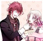  ! blush character_request couple diabolik_lovers eating eyes_closed food komori_yui mii_(0726miya) mii_(793102) music_note pink_eyes pink_hair red_hair sakamaki_ayato scarf takoyaki 