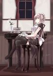  apron black_eyes book boots chair crossed_legs flower glasses gloves highres indoors long_hair maid maid_headdress orig original pointy_ears silver_hair sitting solo thighhighs touma_kisa vase w wainscoting white_gloves window 