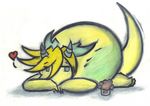  &lt;3 ambiguous_gender belly blonde_hair blue_eyes cute dragon fae_stranger feral food green_skin hair happy horn lying meeko_pilotto muffin on_stomach overweight plain_background shadow solo tailwag tiny_wings traditional_media white_background yellow_skin 