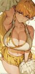 ai-generated bare_shoulders blonde_hair breasts cheerleader crema_(cremasane) elf hair_between_eyes half-closed_eyes highres huge_breasts jewelry long_hair looking_at_viewer pointy_ears pom_pom_(cheerleading) ponytail serie_(sousou_no_frieren) skirt sousou_no_frieren sweat wide_hips yellow_eyes yellow_skirt 