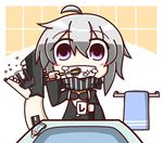  ahoge brushing_teeth chibi cup feiton kantai_collection looking_at_viewer monster purple_eyes re-class_battleship scarf shinkaisei-kan short_hair silver_hair solo tail toothbrush toothpaste towel turret 