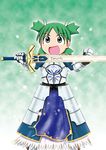  armor artoria_pendragon_(all) cosplay excalibur fate/stay_night fate_(series) green_eyes green_hair koiwai_yotsuba mutsu_tenma parody quad_tails saber saber_(cosplay) solo yotsubato! 