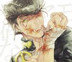  bandages blood blood_on_face green_eyes higashikata_jousuke jaguchi_(bbbing) jojo_no_kimyou_na_bouken male_focus mouth_hold pompadour solo wince 