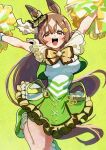  1girl animal_ears brown_eyes brown_hair cheerleader commentary_request dress frilled_dress frills green_background green_dress green_shoes green_socks holding holding_pom_poms horse_ears horse_girl horse_tail looking_at_viewer multicolored_dress open_mouth pom_pom_(cheerleading) satono_diamond_(umamusume) shoes socks solo tail takuan_(taku1219oekaki) umamusume watermark white_dress 