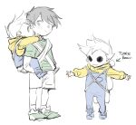  2boys :3 aged_down animification blue_overalls blush carrying child edd_(eddsworld) eddsworld english_text eye_contact fewer_digits full_body green_shirt height_difference hollow_eyes hood hood_down hoodie k3vccitq looking_at_another male_focus multiple_boys multiple_views official_alternate_costume outstretched_arms overalls painttool_sai_(medium) partially_colored piggyback shirt short_hair simple_background sketch spiked_hair standing stuffed_animal stuffed_toy swept_bangs teddy_bear tom_(eddsworld) tomee_bear_(eddsworld) white_background yellow_hoodie 