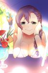  alternate_hairstyle bad_id bad_pixiv_id bikini blush braid breast_rest breasts cleavage green_eyes hair_over_shoulder hands_on_own_cheeks hands_on_own_face highres large_breasts long_hair looking_at_viewer love_live! love_live!_school_idol_project purple_hair side_braid smile solo swimsuit tokiwa_(io) toujou_nozomi 