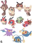  :< :o absurdres ariados chibi chibi_only chinchou closed_mouth colored_sclera commentary_request crobat cross-shaped_pupils full_body furret highres hoothoot horns lanturn ledian ledyba mandibles no_humans noctowl open_mouth pokemon pokemon_(creature) pokemon_focus red_eyes sentret signature simple_background single_horn smile solid_oval_eyes spinarak symbol-shaped_pupils t_tsudaka teeth v-shaped_eyes white_background yellow_sclera 