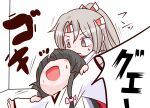 2girls black_hair bow brown_eyes brown_hair commentary_request hachimaki hair_bow hair_ribbon headband high_ponytail highres japanese_clothes kantai_collection kimono long_hair multiple_girls open_mouth pink_bow ponytail ribbon serious shouhou-san_daisuki_teitoku shouhou_(kancolle) siblings sisters striped_clothes striped_headwear striped_ribbon sweatdrop vertical-striped_clothes vertical-striped_headwear white_kimono zuihou_(kancolle) 