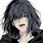  1boy 9g0_00 angry black_hair black_hoodie blue_eyes blue_hoodie cropped_shoulders fangs fate/grand_order fate_(series) hair_between_eyes highres hood hoodie looking_at_viewer male_focus oberon_(fate) oberon_(third_ascension)_(fate) open_mouth short_hair simple_background solo teeth tongue two-sided_hoodie upper_body v-shaped_eyebrows white_background 