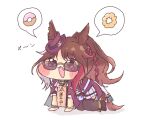  1girl all_fours animal_ears blue_eyes blush_stickers braid brown_hair chibi commentary_request donut fang food forever_young_(racing)_(umamusume) forever_young_(umamusume) full_body green_eyes hat heterochromia highres horse_ears horse_girl horse_tail meme mitsugake_flarin open_mouth solo speakiposting_(meme) speech_bubble sunglasses tail tearing_up thighhighs umamusume 