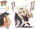  &gt;_&lt; /\/\/\ 1boy 1girl admiral_(kantai_collection) black_hair blonde_hair blood blood_on_face blood_on_fingers bloody_clothes blush_stickers brown_hair censored chibi closed_eyes hair_ribbon hat kano-0724 kantai_collection mosaic_censoring ribbon ru-class_battleship severed_head shinkaisei-kan sweat translated yuudachi_(kantai_collection) 
