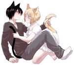  1girl animal_ears black_hair blonde_hair blush cat_ears cat_tail hetero kago1205 mauria original tail tail_grab 