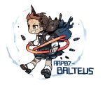  1girl armored_core armored_core_vi:_fires_of_rubicon balteus_(armored_core_vi) bandaid bandaid_on_knee bandaid_on_leg black_dress bright_pupils brown_eyes brown_hair brown_shoes collared_shirt commentary dress english_commentary full_body grin hepari highres long_sleeves open_mouth personification pinafore_dress pleated_dress sharp_teeth shirt shoes short_hair simple_background sleeveless sleeveless_dress smile socks solo standing teeth v-shaped_eyebrows white_background white_pupils white_shirt white_socks 
