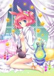  animal_ears ankle_ribbon barefoot blue_eyes bow breasts bunny bunny_ears curtains dress_shirt flask frilled_pillow frills hair_bow medium_breasts miyu_(botan) naked_shirt navel original pillow pink_hair ribbon shirt short_hair short_twintails sitting solo star twintails underboob 