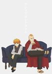  arm_support blue_eyes couch dual_persona larten_crepsley multiple_boys necktie red_hair sandals sayoshi scar short_hair sitting the_saga_of_darren_shan the_saga_of_larten_crepsley vampire vest younger 