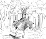  :d ascot forest greyscale hair_ribbon highres imai_kusu monochrome nature open_mouth outstretched_arms ribbon rumia shirt short_hair sketch skirt smile spread_arms touhou vest wing_collar 
