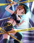  artist_request bracelet breasts brown_eyes brown_hair bustier caution_tape cleavage cropped_vest cuffs earrings handcuffs hat idolmaster idolmaster_cinderella_girls jewelry katagiri_sanae keep_out large_breasts midriff navel official_art parted_lips pointing smile stairs thighhighs 