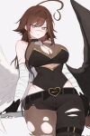  1girl ahoge asymmetrical_legwear bandaged_arm bandages bare_shoulders belt black_pants breasts brown_eyes brown_hair choker cleavage fingerless_gloves gloves hair_between_eyes heart heart-shaped_lock heart_ahoge highres huge_ahoge indie_virtual_youtuber large_breasts long_hair looking_at_viewer pants pantyhose see-through_clothes sky_above_me sky_above_me_(vtuber) thighs torn_clothes torn_pantyhose virtual_youtuber white_background 