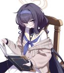  1girl bags_under_eyes blue_archive book brown_cardigan brown_halo cardigan cardigan_partially_removed chair closed_mouth commentary_request cowboy_shot crossed_bangs glasses hair_between_eyes hair_ribbon hairband halo highres holding holding_book jewelry kurosaki_saya light_blush long_hair long_sleeves looking_at_viewer low_twintails neckerchief necklace open_book purple_eyes purple_hair purple_hairband purple_neckerchief purple_ribbon ribbon round_eyewear school_uniform serafuku simple_background sitting skirt sleeves_past_wrists smile solo twintails ui_(blue_archive) undershirt very_long_hair white_background white_serafuku white_skirt wooden_chair 