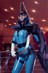  1girl bodysuit breasts cosplay defense_of_the_ancients dota_2 gloves latex latex_suit long_hair looking_at_viewer looking_down luna_(dota) photo ponytail solo standing waepon weapon white_hair 
