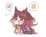  1girl all_fours animal_ears blue_eyes blush_stickers braid brown_hair chibi commentary_request donut fang food forever_young_(racing)_(umamusume) forever_young_(umamusume) full_body green_eyes hat heterochromia highres horse_ears horse_girl horse_tail meme mitsugake_flarin open_mouth solo speakiposting_(meme) speech_bubble tail tearing_up thighhighs umamusume 