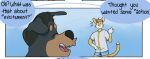  2026 anthro black_body black_fur black_hair black_nose blue_background bottomwear brown_body brown_fur canid canine canis chuck_(p_rindustries) clothing comic dialogue dobermann domestic_cat domestic_dog duo english_text eyebrows eyes_closed facial_hair felid feline felis fur hair hi_res hotpants male male_anthro mammal mature_anthro mature_male mohawk mustache p_rindustries pink_nose pinscher shirt shorts simple_background smile standing striped_body striped_fur stripes surprised tail tan_body tan_fur text thick_eyebrows topwear white_body white_fur white_hands will_(p_rindustries) 
