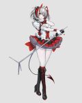  1girl absurdres alternate_costume antenna_hair arknights black_boots boots breasts chinese_commentary cleavage commentary_request demon_girl demon_horns demon_tail detonator frilled_shirt frills full_body gloves grey_background grey_hair hand_up high_heel_boots high_heels highres holding holding_microphone_stand horns idol idol_clothes kumachi looking_at_viewer medium_breasts microphone_stand miniskirt pantyhose pleated_skirt puffy_short_sleeves puffy_sleeves red_eyes red_horns red_skirt shirt short_hair short_sleeves simple_background skirt smile solo standing tail w_(arknights) white_gloves white_pantyhose white_shirt 