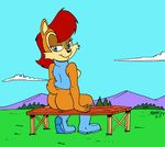  anthro back_turned bench boots breasts bushes butt chipmunk cloud female grin invalid_tag jacket landscape looking_at_viewer mammal mountain outside pine_trees raised_tail rodent sally_acorn scenery sega side_boob sitting smile sonic_(series) squirrel trbb tree 